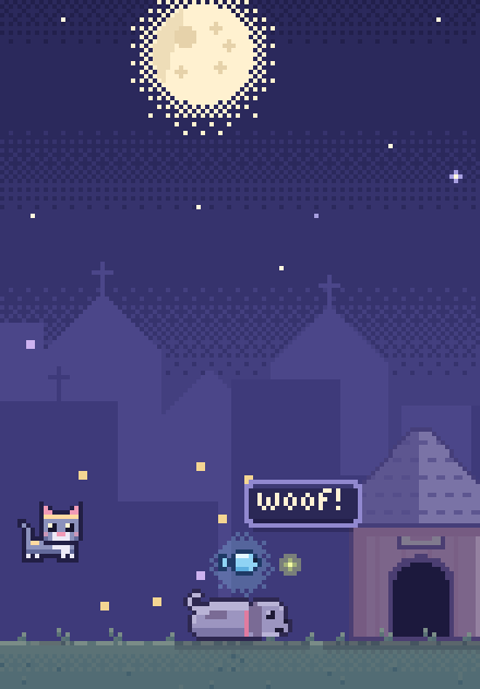 A pixel-art kitten leaps back as a sleeping dog wakes up barking “woof!” beside its doghouse under a full moon.
