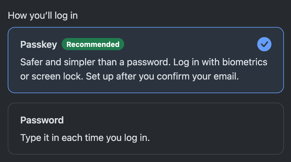 Choosing a passkey at sign-up